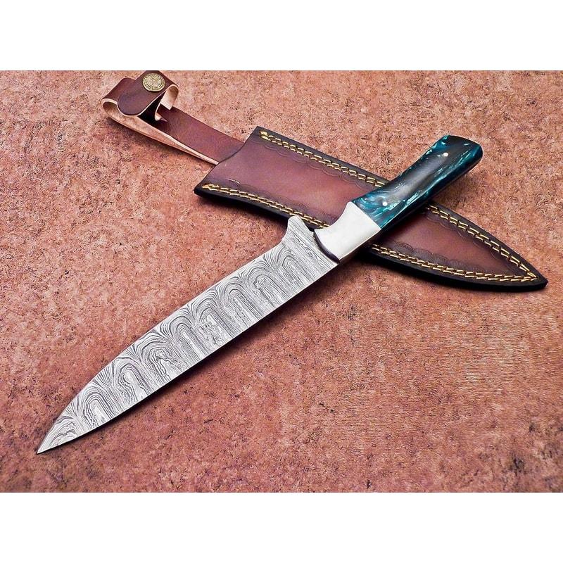 Damascus Steel Outdoor Knife Resin Handle Leather Sheath Included 3