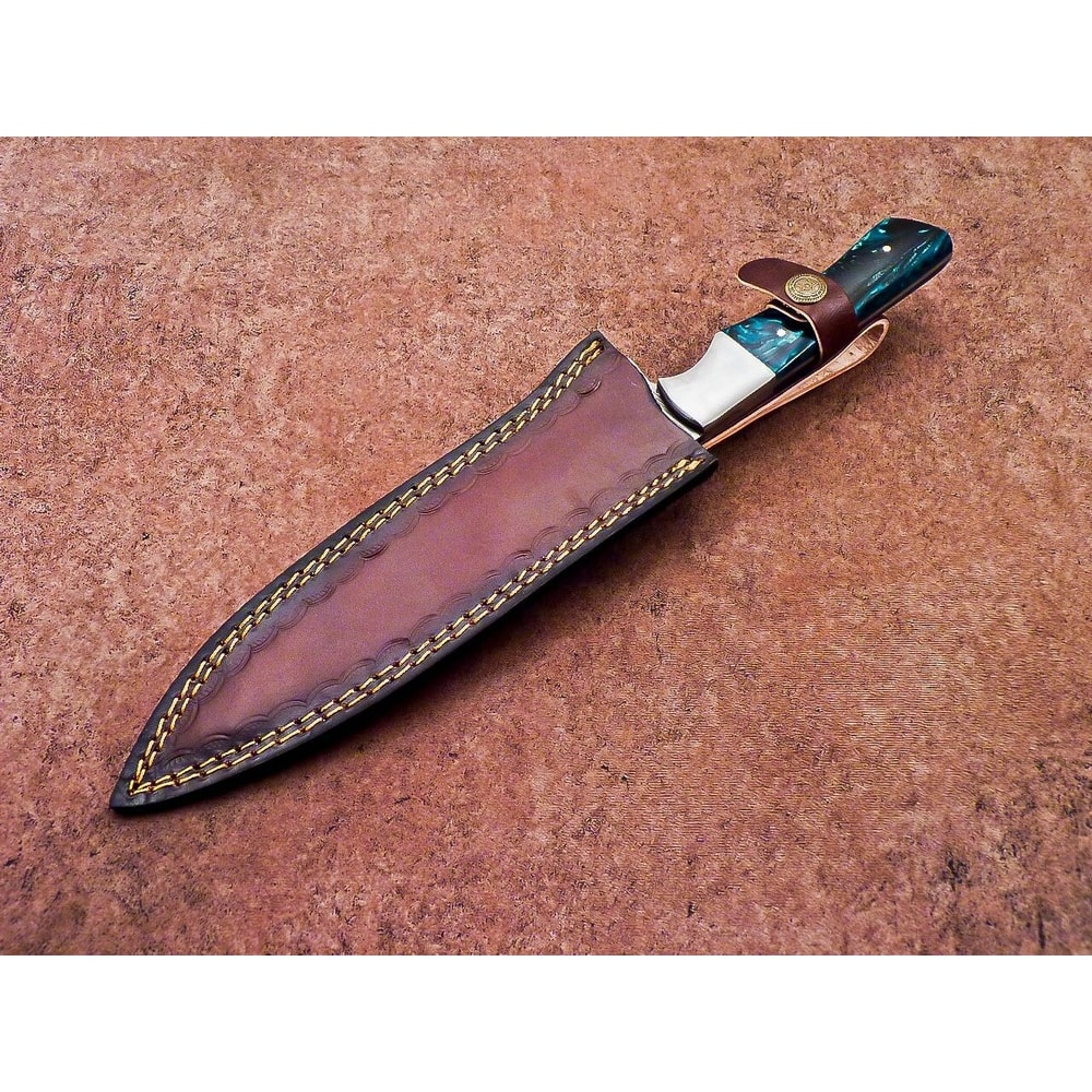 Damascus Steel Outdoor Knife Resin Handle Leather Sheath Included 4