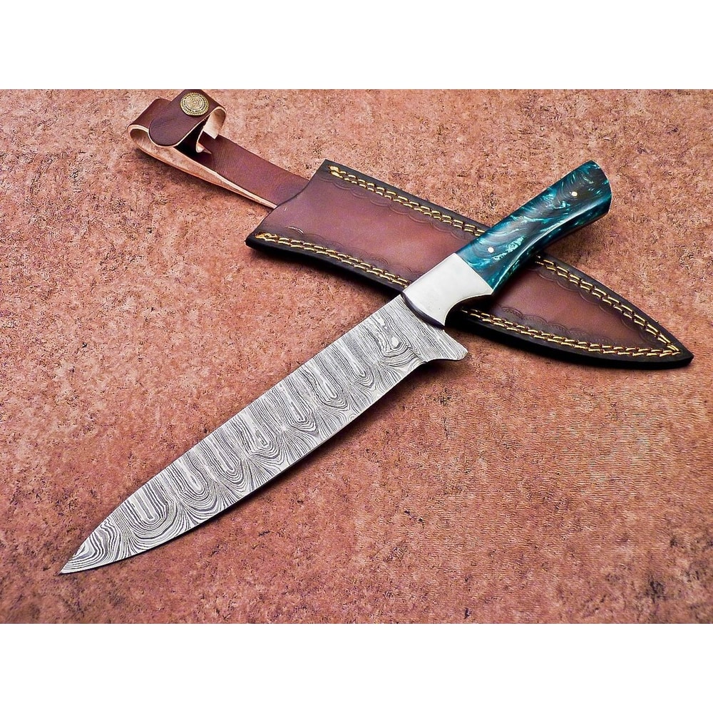 Damascus Steel Outdoor Knife Resin Handle Leather Sheath Included 0