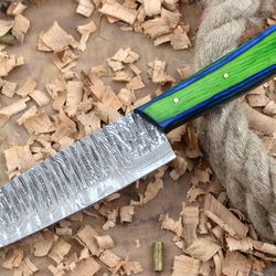 custom handmade forged damascus steel kitchen chef knife with blue & green dollar thappa handle