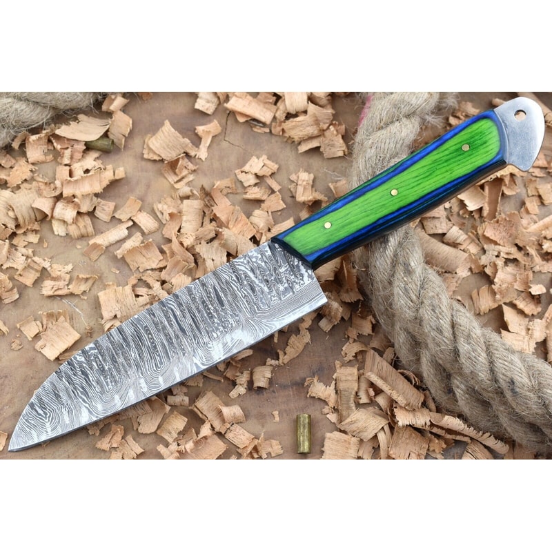 Custom Handmade Forged Damascus Steel Kitchen Chef Knife With Blue Green Dollar Thappa Handle 0