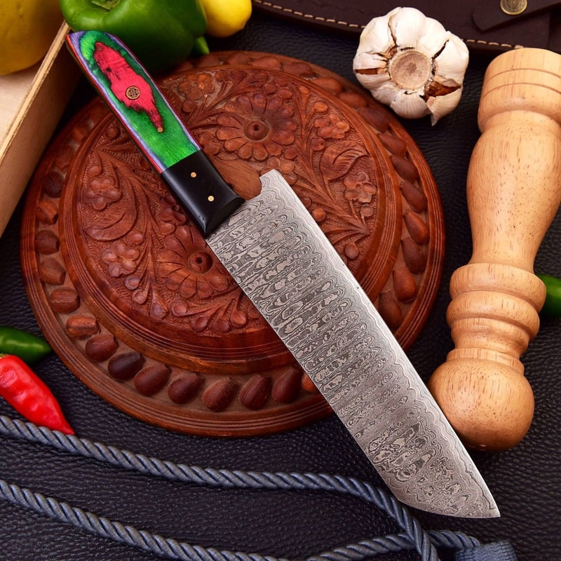 Handcrafted Damascus Steel Hunting Knife Wooden Handle Leather Sheath 1