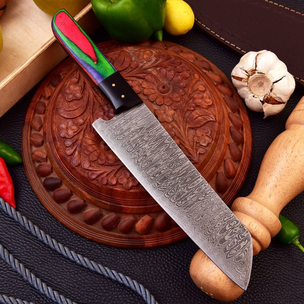 Handcrafted Damascus Steel Hunting Knife Wooden Handle Leather Sheath 3