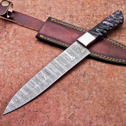 authentic damascus steel kitchen knife – handmade wood handle & sheath