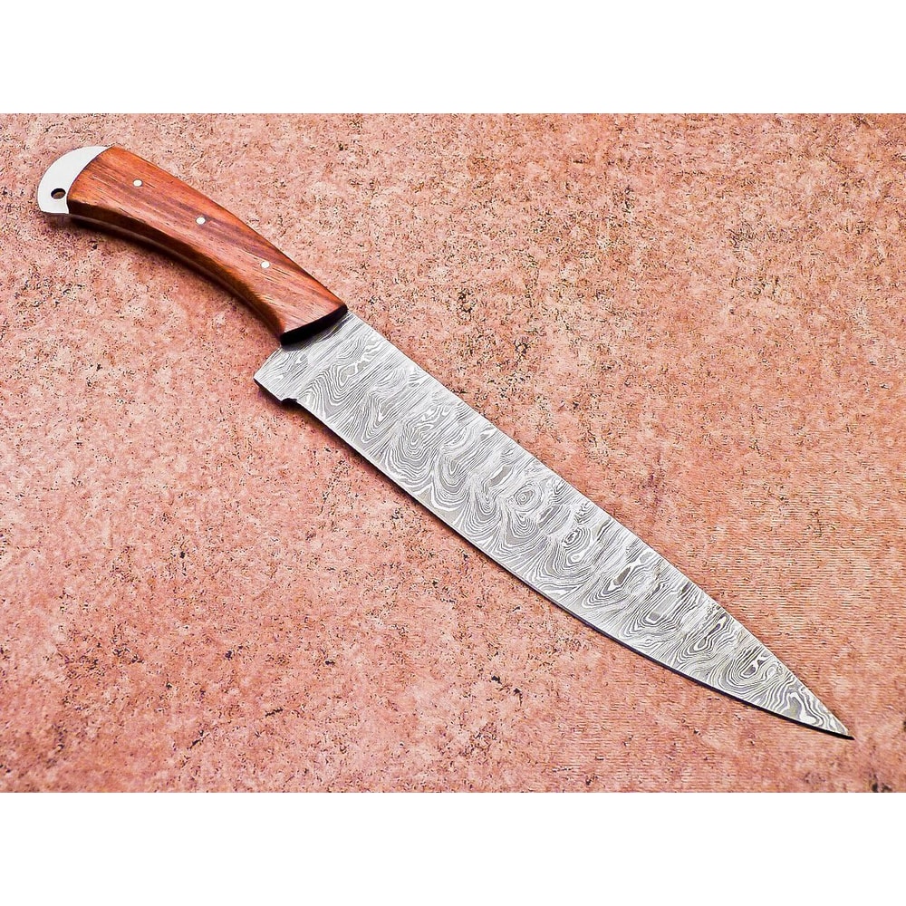Custom Forged Damascus Steel Chef Knife Wood Handle Leather Case 3