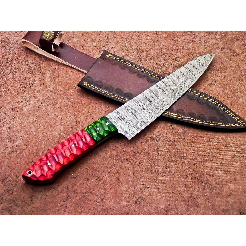 High Carbon Damascus Steel Chef Knife Wood Handle Leather Case 1