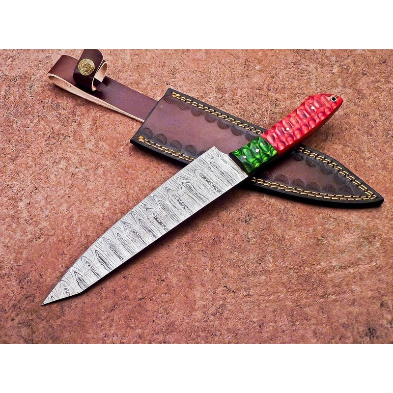 High Carbon Damascus Steel Chef Knife Wood Handle Leather Case 2