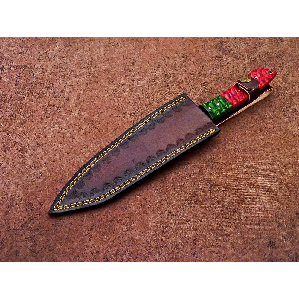 High Carbon Damascus Steel Chef Knife Wood Handle Leather Case 3