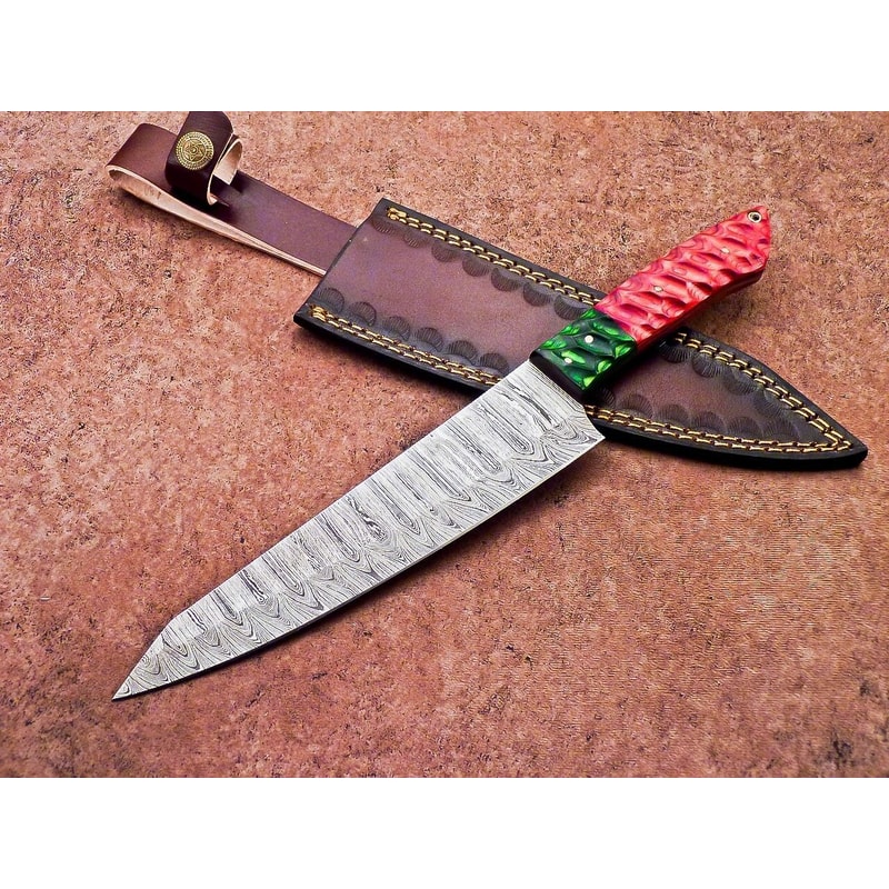 High Carbon Damascus Steel Chef Knife Wood Handle Leather Case 0