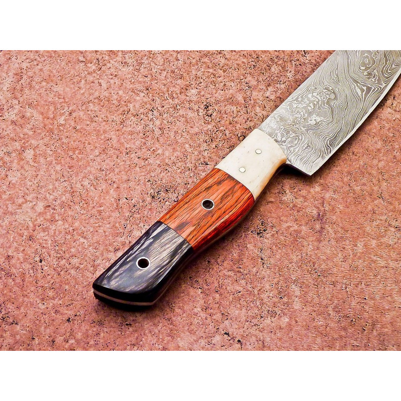 Handmade Damascus Steel Outdoor Knife Wooden Handle Leather Sheath 1