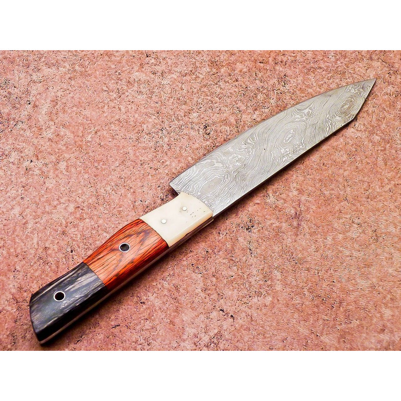 Handmade Damascus Steel Outdoor Knife Wooden Handle Leather Sheath 3