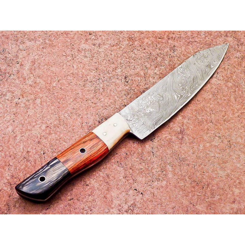 Handmade Damascus Steel Outdoor Knife Wooden Handle Leather Sheath 4