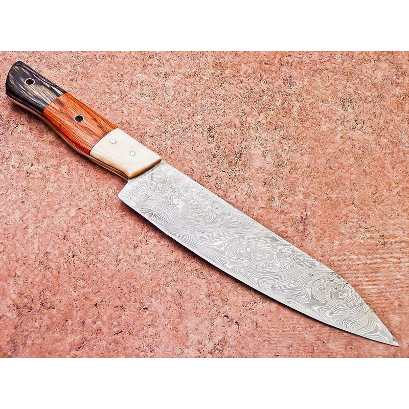 Handmade Damascus Steel Outdoor Knife Wooden Handle Leather Sheath 5