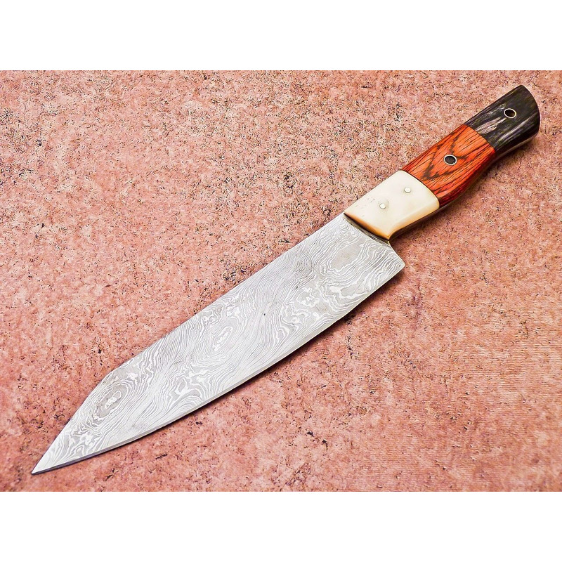 Handmade Damascus Steel Outdoor Knife Wooden Handle Leather Sheath 0