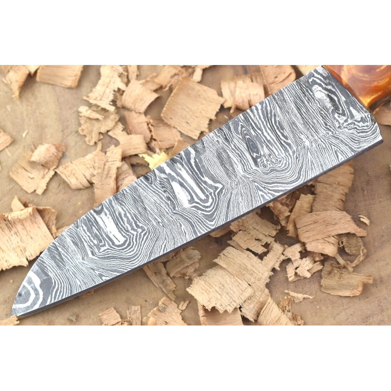 Custom Handmade Damascus Steel Kitchen Chef Knife With Orange Resin Thappa Handle 2