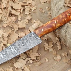 custom handmade damascus steel kitchen chef knife with orange resin thappa handle