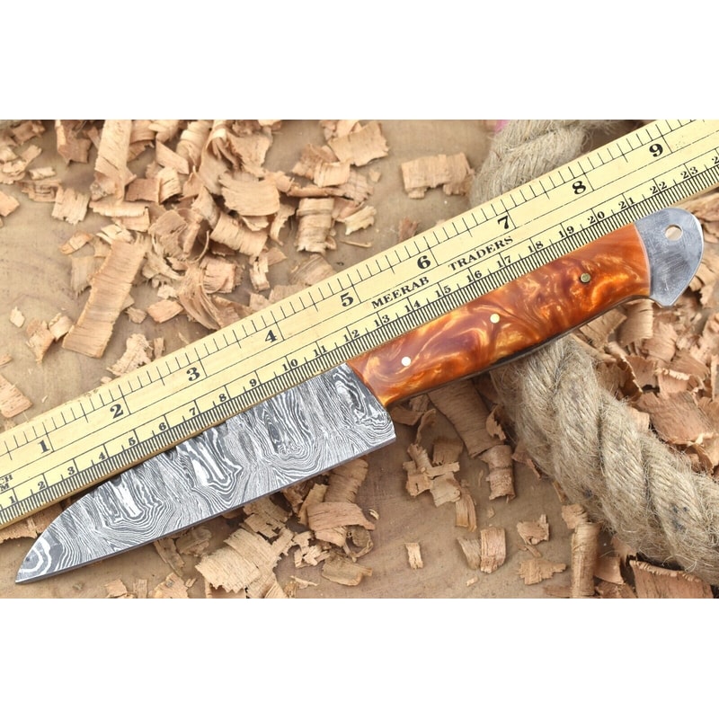Custom Handmade Damascus Steel Kitchen Chef Knife With Orange Resin Thappa Handle 3