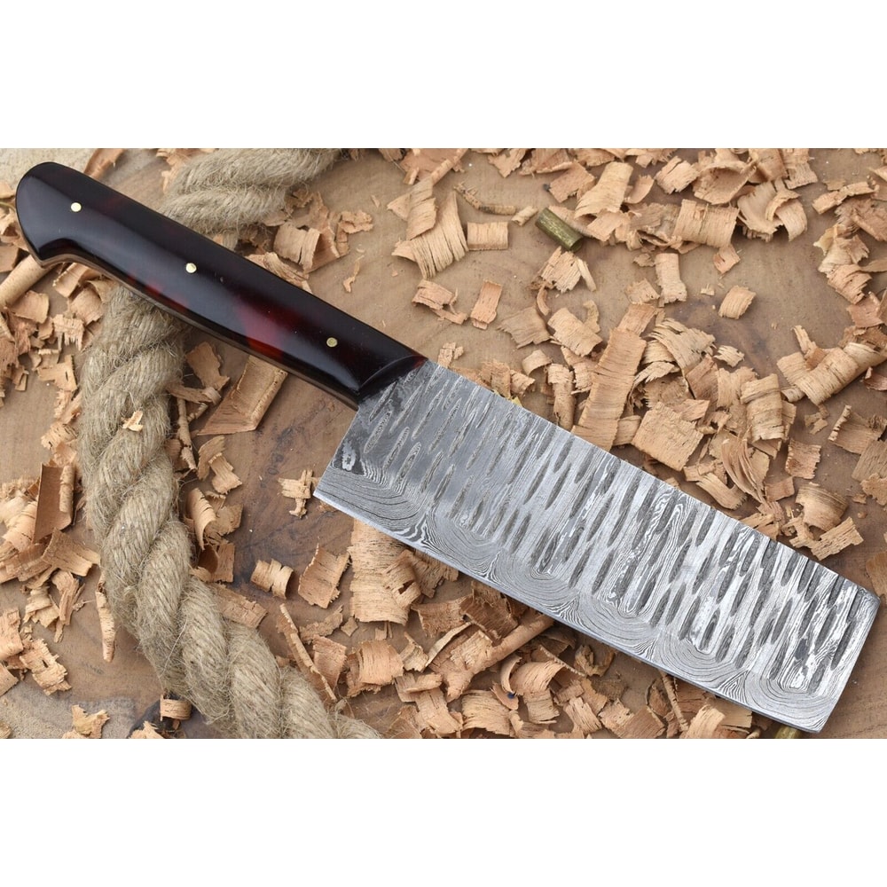 Handmade Damascus Steel Kitchen Chef Knife With Red Black Resin Thappa Handle 1