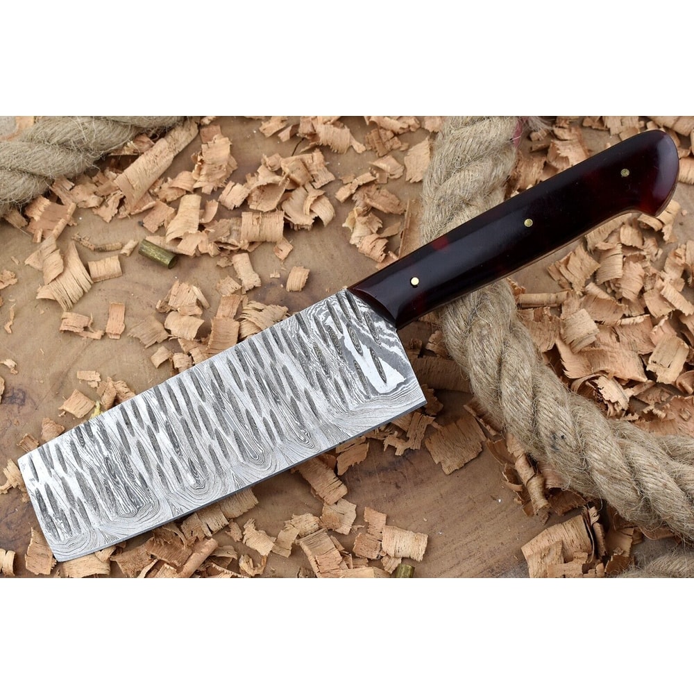 Handmade Damascus Steel Kitchen Chef Knife With Red Black Resin Thappa Handle 0