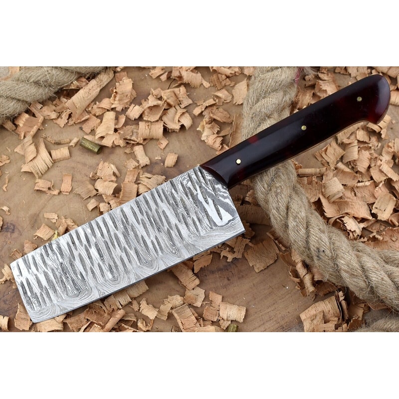 Handmade Damascus Steel Kitchen Chef Knife With Red Black Resin Thappa Handle 0