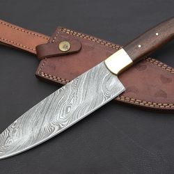 damascus steel kitchen knife with premium polished wooden handle