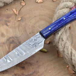custom handmade damascus steel kitchen chef knife with blue resin thappa handle