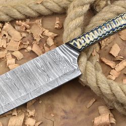 handmade damascus steel kitchen chef knife with white & blue resin handle