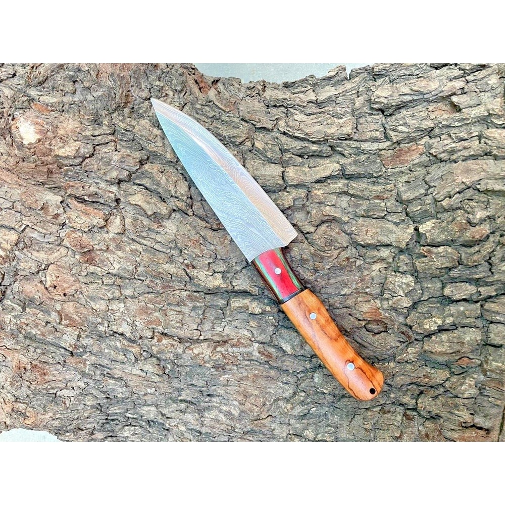 HandForged Damascus Kitchen Knife With Wooden Handle Sheath 1