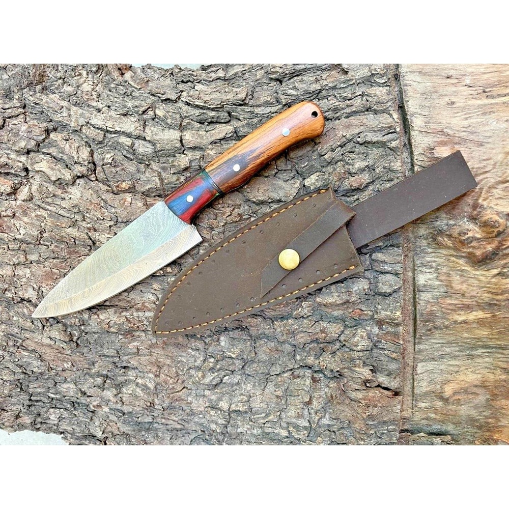 HandForged Damascus Kitchen Knife With Wooden Handle Sheath 0