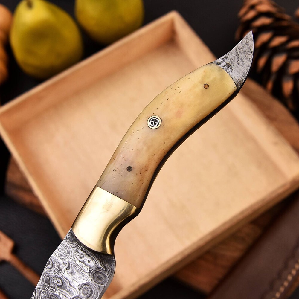 Custom Forged Damascus Steel Chef Fillet Kitchen Knife With Camel Bone Handle And Leather Sheath 3