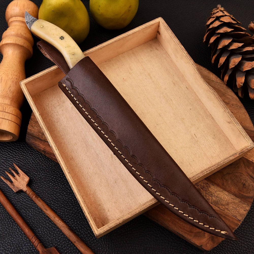 Custom Forged Damascus Steel Chef Fillet Kitchen Knife With Camel Bone Handle And Leather Sheath 4