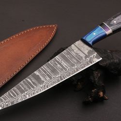 custom forged damascus kitchen knife with brass & bone handle