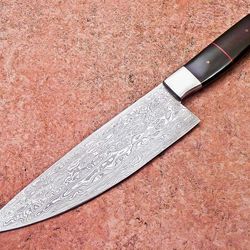 custom forged damascus kitchen knife | resin handle & leather sheath