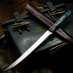handmade j2 steel kitchen chef fillet knife with acrylic handle and cow leather sheath