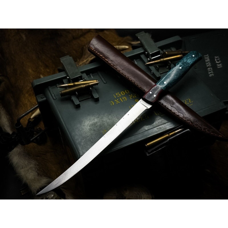 Handmade J2 Steel Kitchen Chef Fillet Knife With Acrylic Handle And Cow Leather Sheath 0