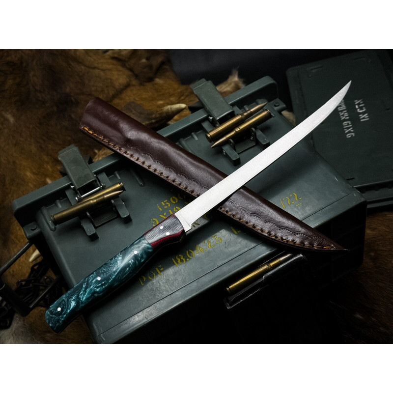 Handmade J2 Steel Chef Fillet Knife With Acrylic Handle Leather Sheath 1