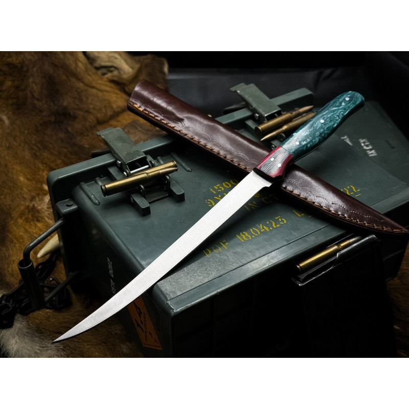 Handmade J2 Steel Chef Fillet Knife With Acrylic Handle Leather Sheath 0