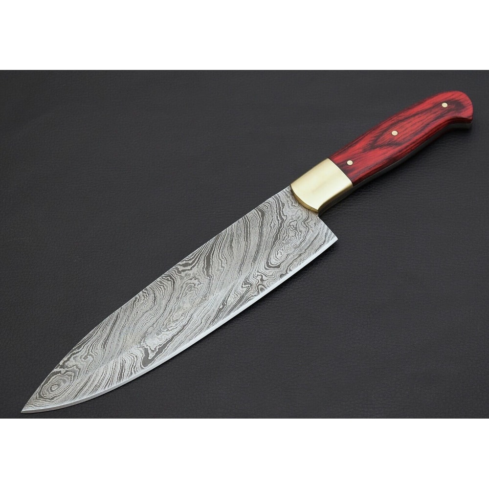 12 Custom Handmade Damascus Steel Chef Hunting Knife With Colored Wood Handle Leather Sheath 1