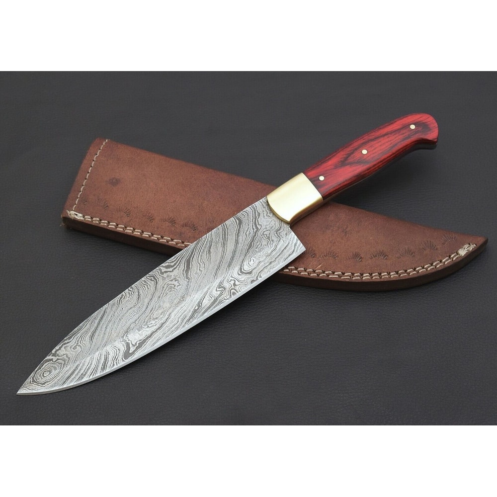 12 Custom Handmade Damascus Steel Chef Hunting Knife With Colored Wood Handle Leather Sheath 0