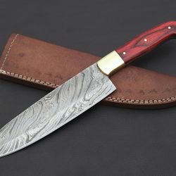 12" custom handmade damascus steel chef hunting knife with colored wood handle & leather sheath