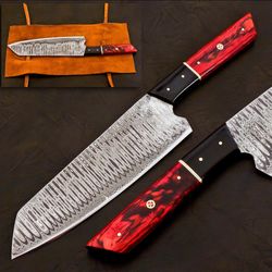 custom forged damascus steel hunting & chef knife with leather sheath