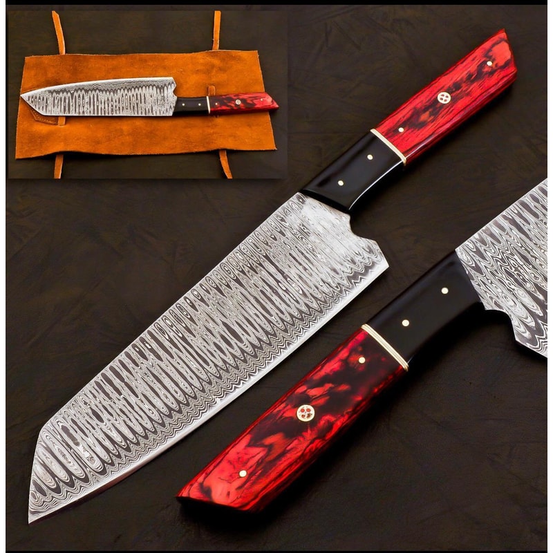 Custom Forged Damascus Steel Hunting Chef Knife With Leather Sheath 0
