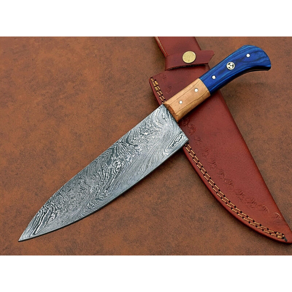 Custom Forged Damascus Chef Knife  12 Kitchen Knife With Leather Sheath 0