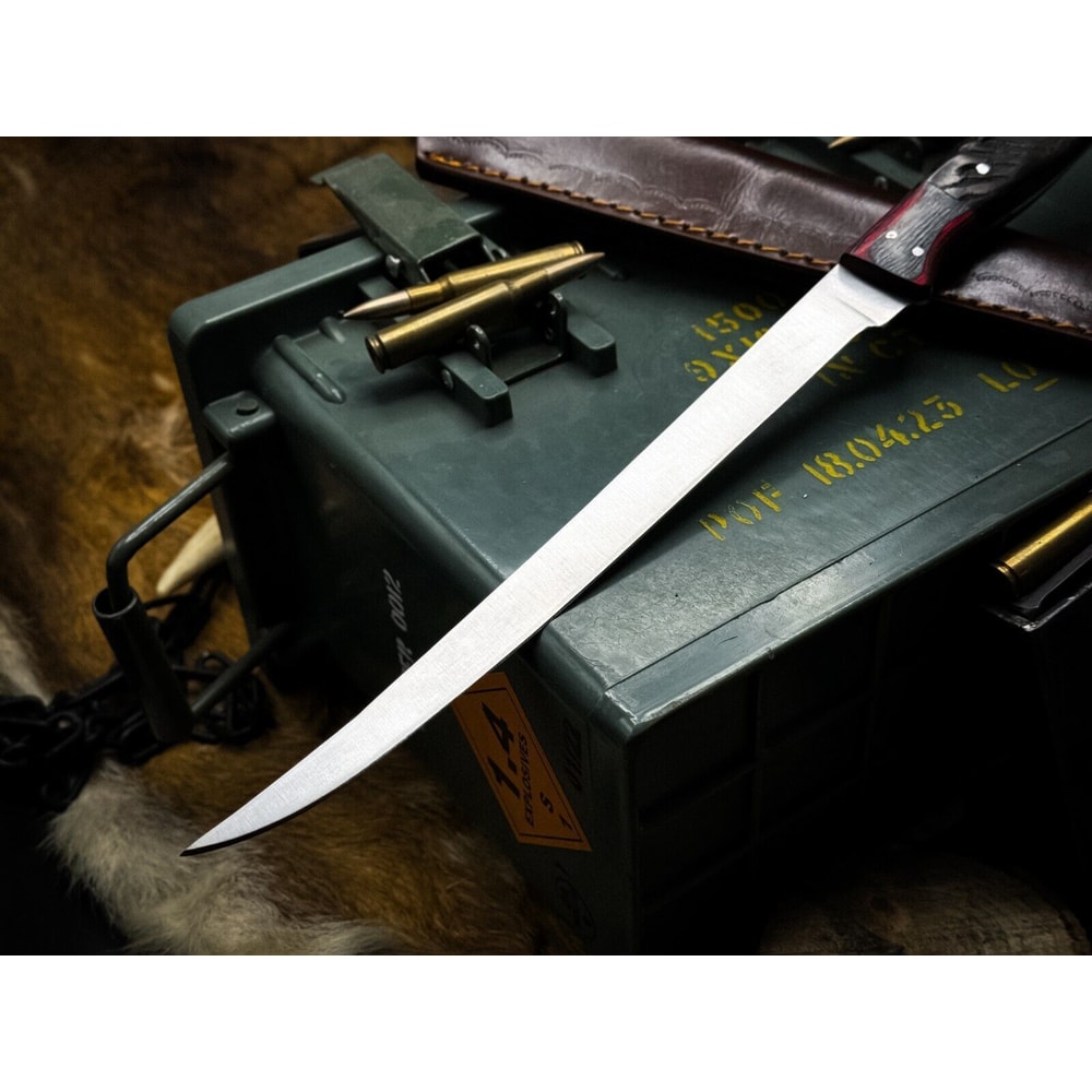 Handmade J2 Steel Chef Fillet Knife Kitchen Knife With Ram Horn Handle Cow Leather Sheath 3