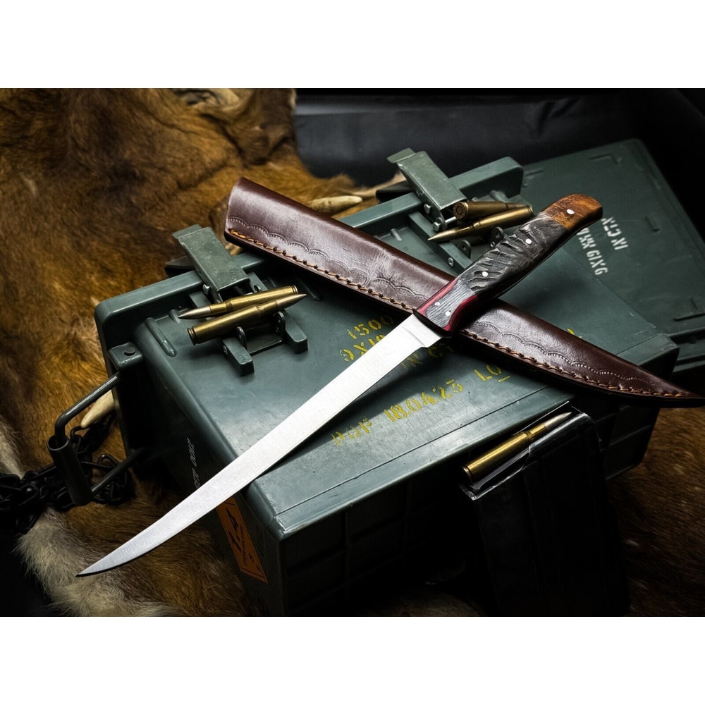Handmade J2 Steel Chef Fillet Knife Kitchen Knife With Ram Horn Handle Cow Leather Sheath 0