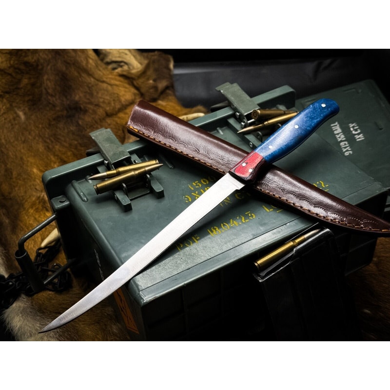 Custom J2 Steel Chef Fillet Knife Kitchen Knife With Ram Horn Handle Cow Leather Sheath 0