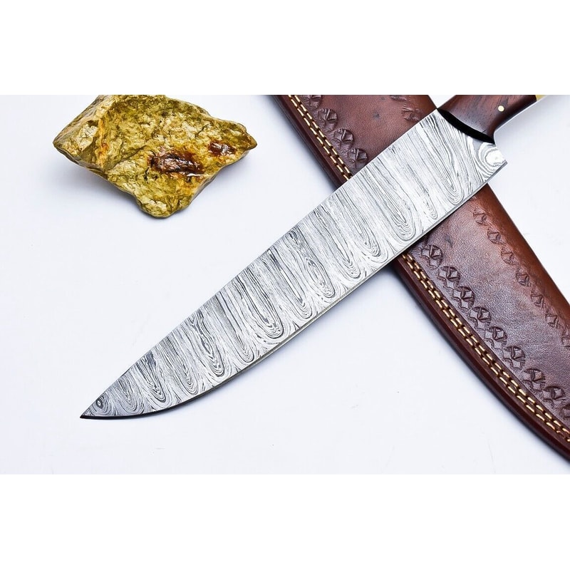 Custom Handmade Damascus Steel Kitchen Chef Knife With Wooden Handle Leather Sheath 2
