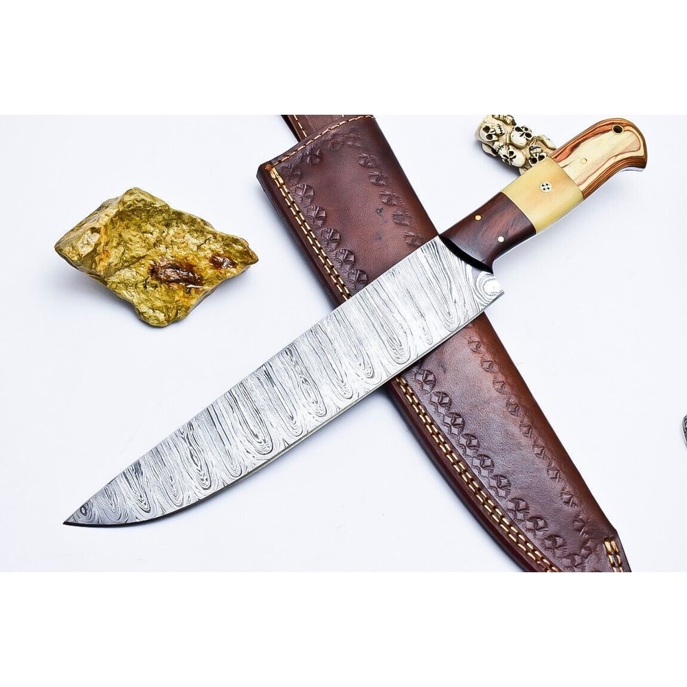 Custom Handmade Damascus Steel Kitchen Chef Knife With Wooden Handle Leather Sheath 3