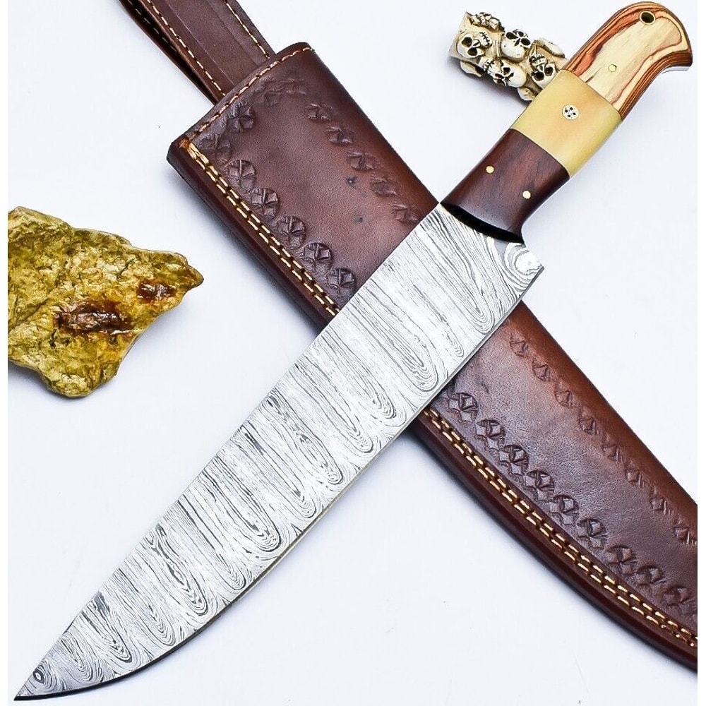 Custom Handmade Damascus Steel Kitchen Chef Knife With Wooden Handle Leather Sheath 0