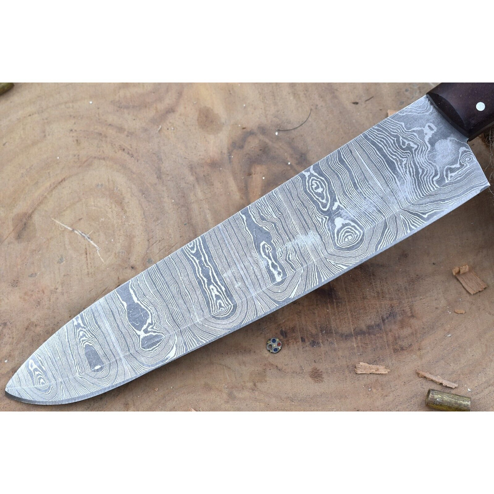 Custom Handmade Damascus Kitchen Knife Rosewood Grip Leather Cover 2